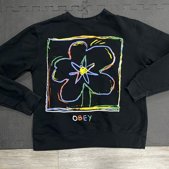Obey sweater pullover sweatshirt women’s small over sized black crayon flower - Picture 4 of 9